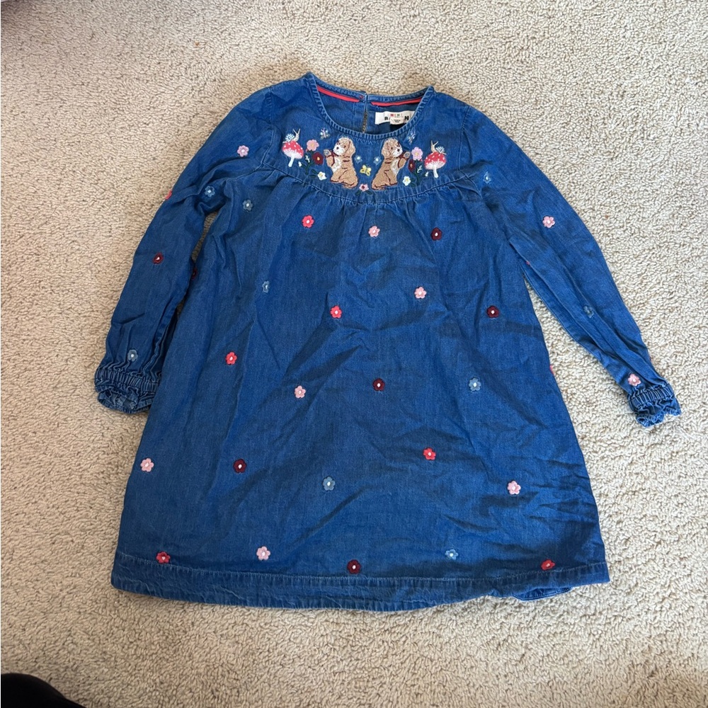 Mini Boden Blue Denim Dress with Floral Embroidery